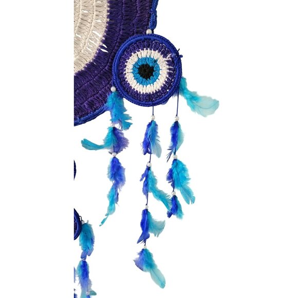Crocheted Evil Eye Blue and White Dreamcatcher With Feathers and Beads 36" Long - Picture 5 of 8